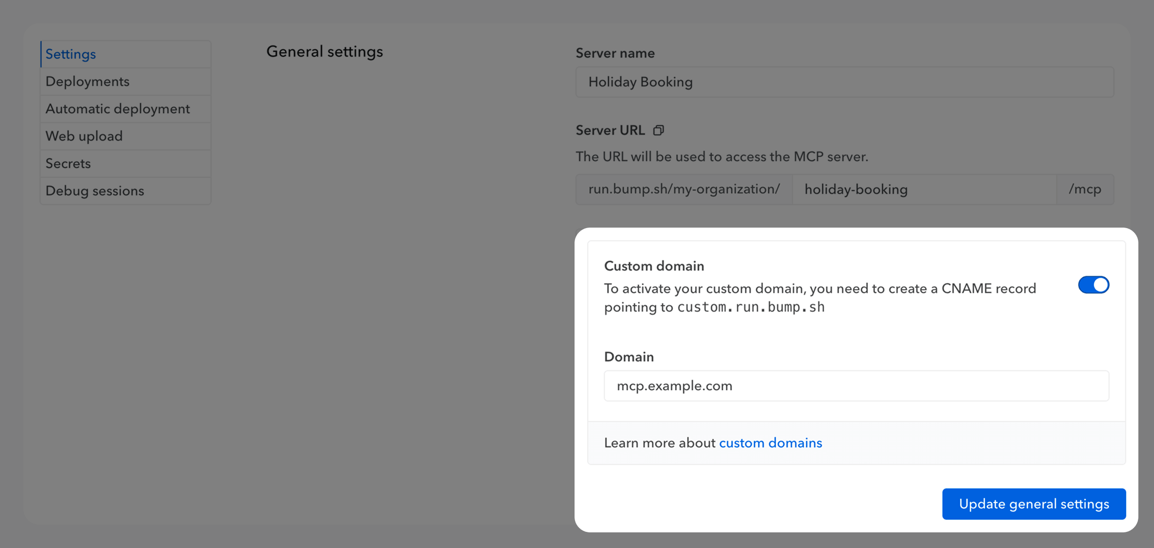 Setting page of an MCP server with the custom domain option activated