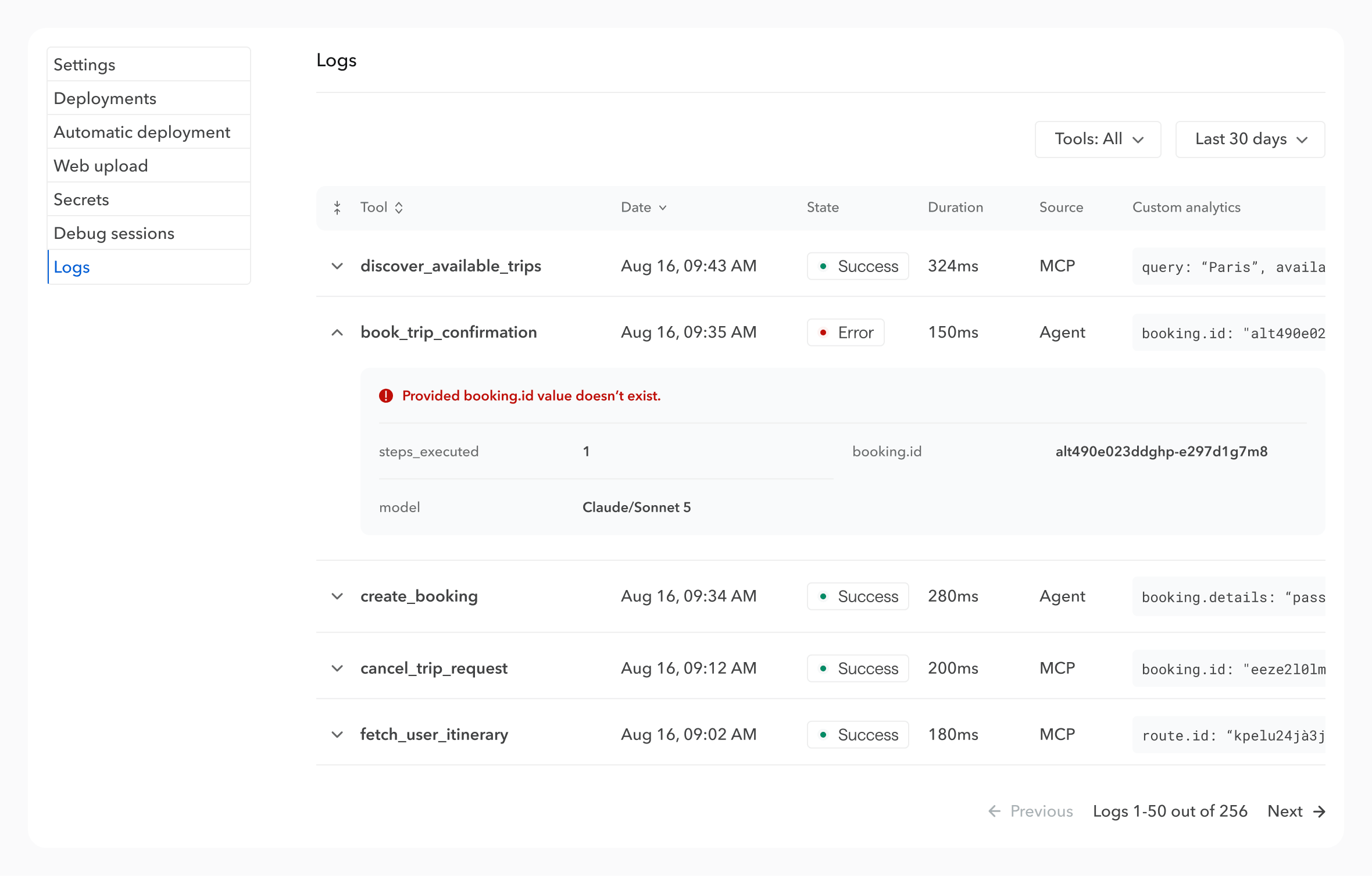 MCP server logs page